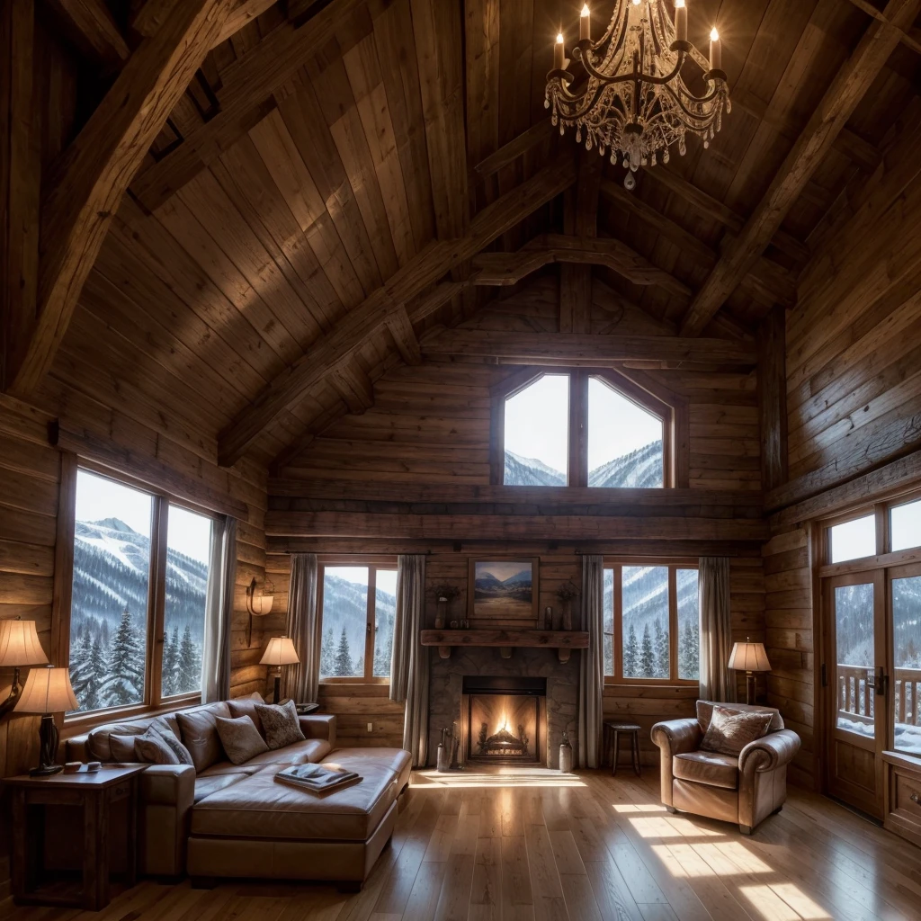 intricate detailed interior of a cozy mountain chalet, rustic wooden walls and beams, cozy fireplace, plush armchairs, large windows overlooking snowy peaks, warm lighting, winter landscape, atmospheric, (best quality,4k,8k,highres,masterpiece:1.2),ultra-detailed,(realistic,photorealistic,photo-realistic:1.37),HDR,studio lighting,extreme detail description,professional,vivid colors