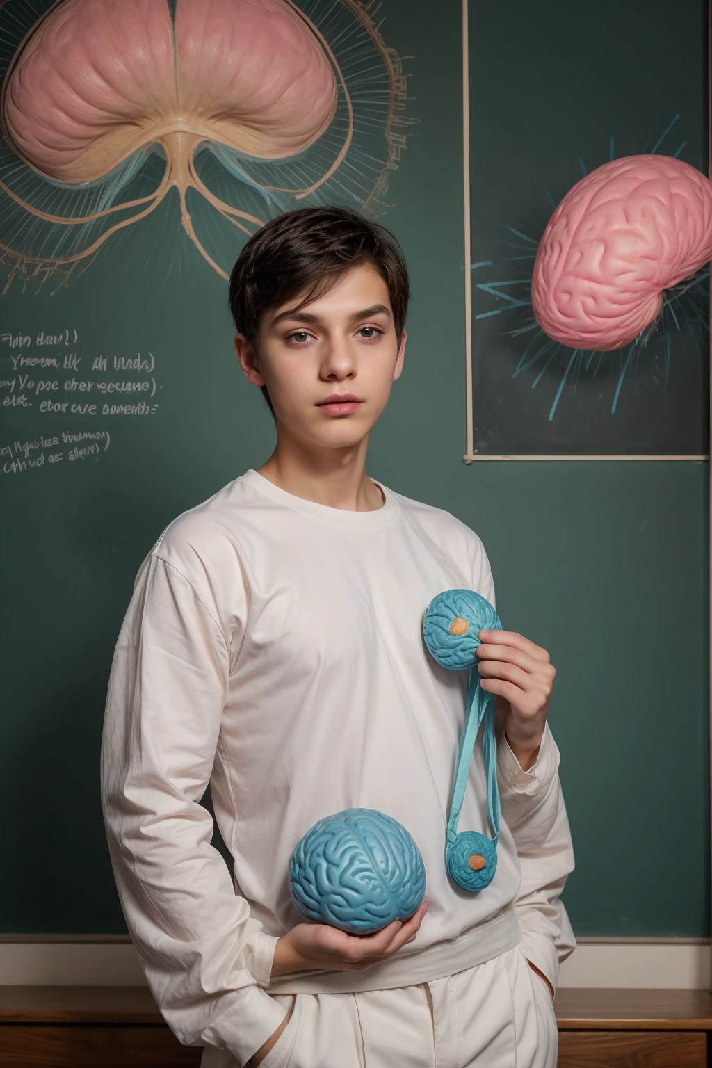 A beautiful young male twink, cute, with black hair and a face with reddish makeup, wearing a bright white long-sleeved shirt and aqua blue pants. He is in his office, and behind him is a blackboard on which is written the shape of the brain and its anatomy, and nuclear energy comes out of it, and he has a face with makeup and Pink cheeks.