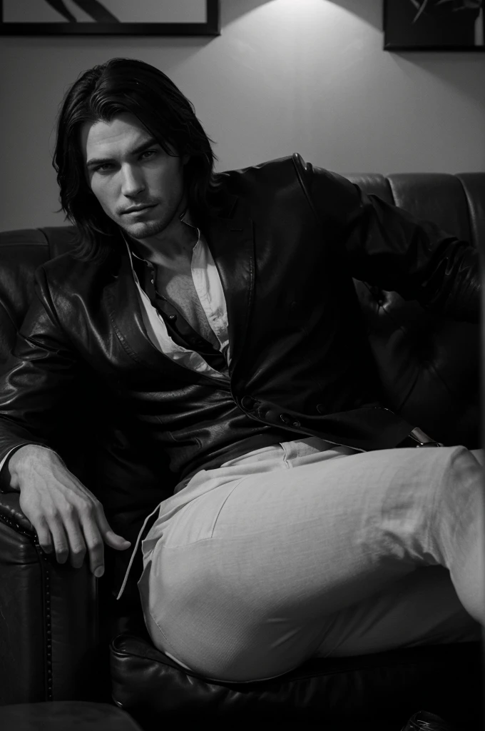 ((photorealistic:1.4))a black and white photo of a man sitting on a couch holding a glass, handsome guy in demon slayer art, sylas, handsome male vampire, epic and classy portrait, male vampire, commission for high res, jesse mccree, jacen solo, male art, artstation mans aesthetic, style of charlie bowater, as a character in tekken, neo noir style. ((Best Quality, 8K))