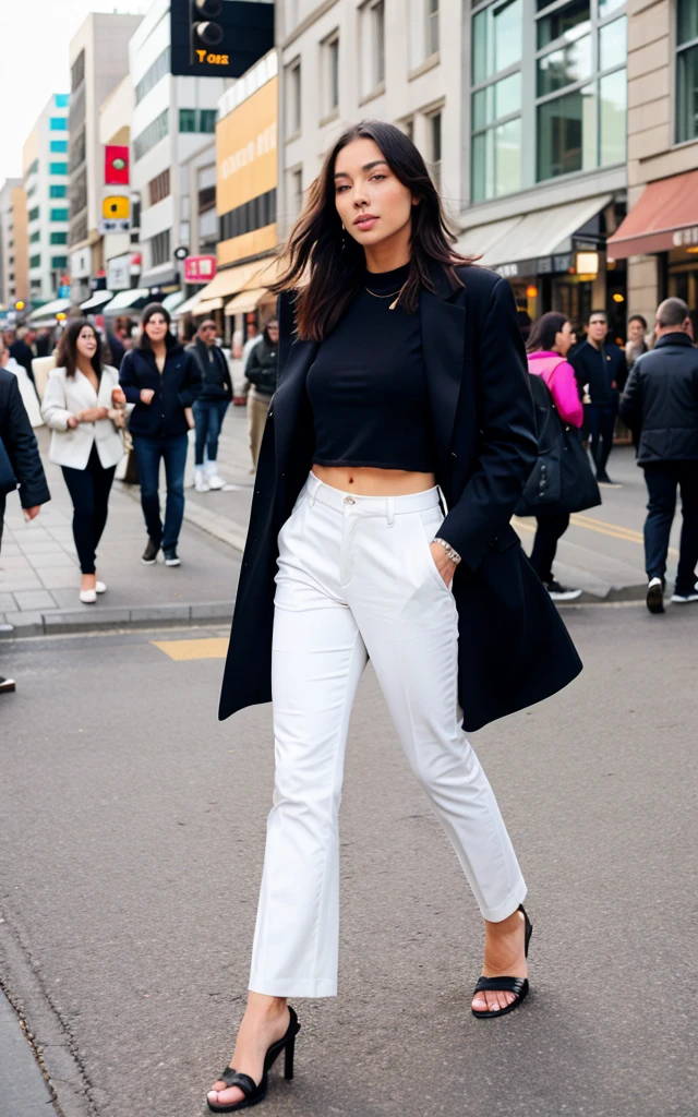 A realistic woman in stylish clothes on a busy street