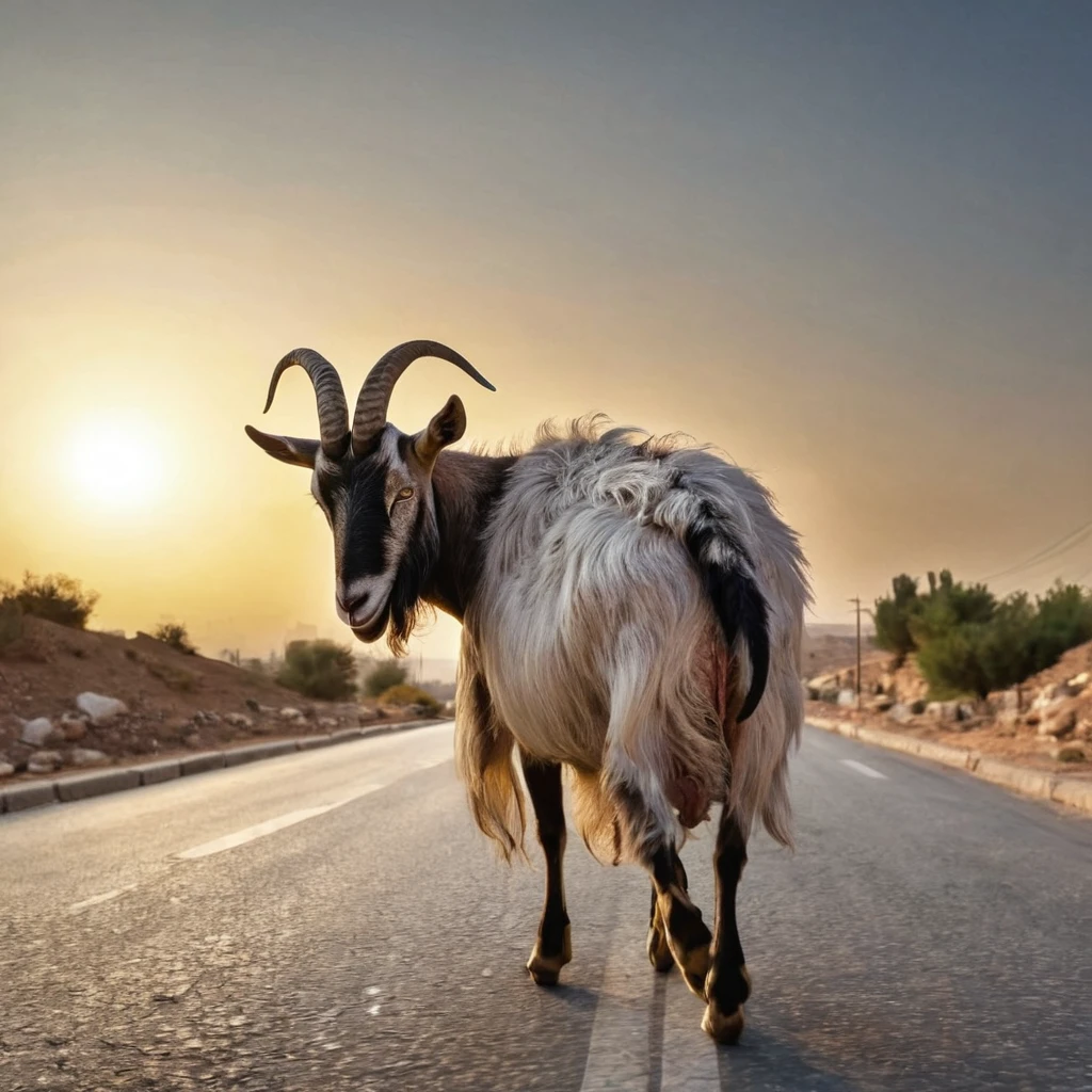 A Damascus goat going to sunset on road view from back
