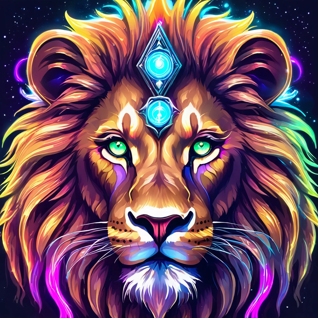 art of a wizard lion with neon colored eyes