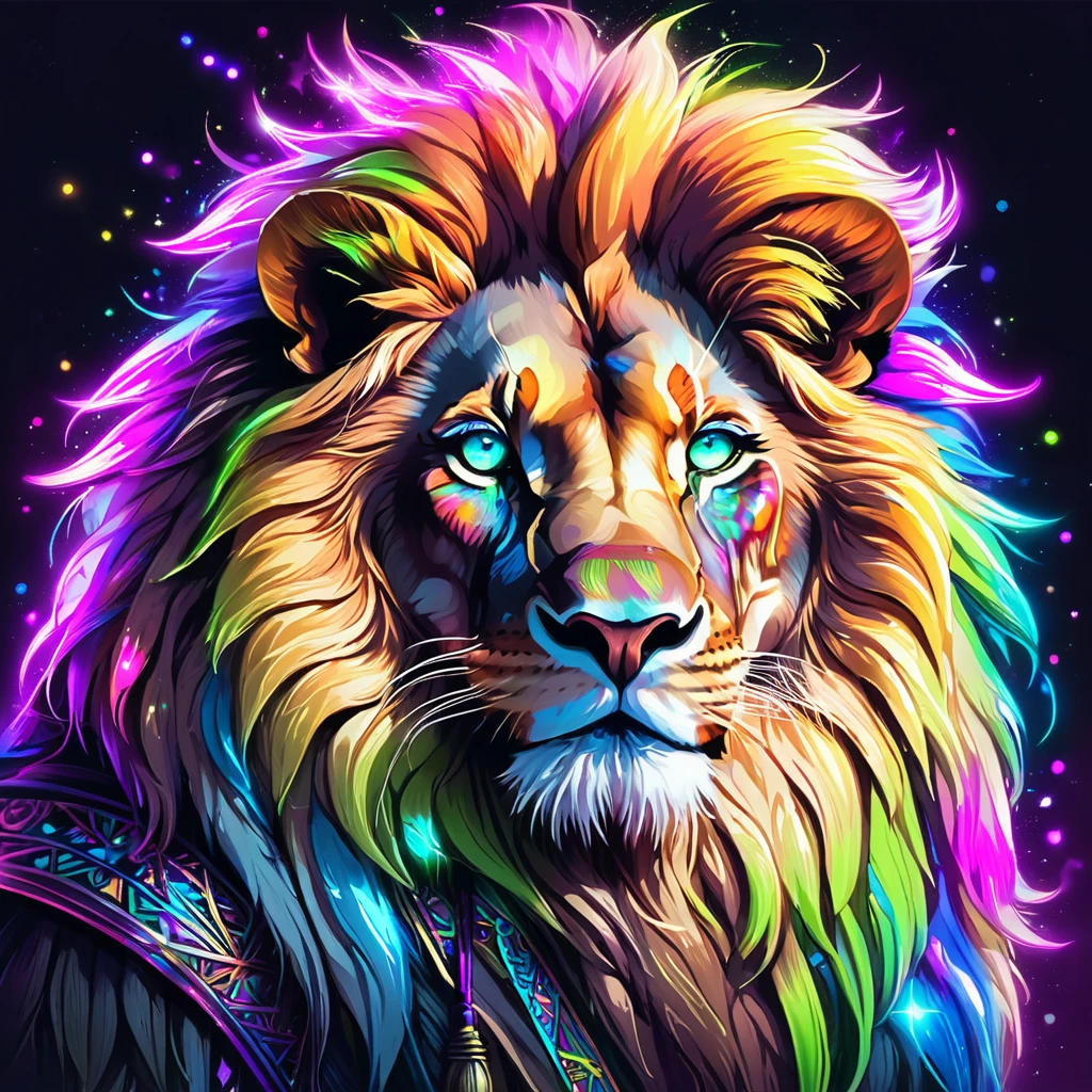 art of a wizard lion with neon colored eyes 