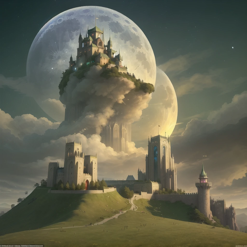 ((best quality)), ((masterpiece)), (detailed), (sprawling fantasy city on grassy, hilly landscape), (massive, dense city), blending modern and fantasy, urban fantasy, large moon in background, in the style of video game concept art, stunning