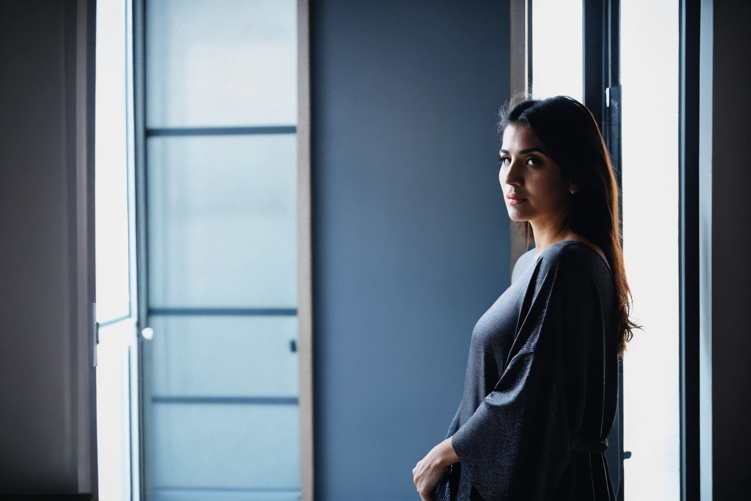 RAW photo,dark,moody,hazy atmosphere,35mm focal lenght,underexposed,cold,candid photograph,artistic,full body,photo of a beautiful,high-society,rich,elegant,30yo Iranian woman,detailed skin,naked,Kaftan, looking at viewer, thick body structure,grey background,no background, candid pose,dim room,blue light, film grain, kodak color, instagram LUT
