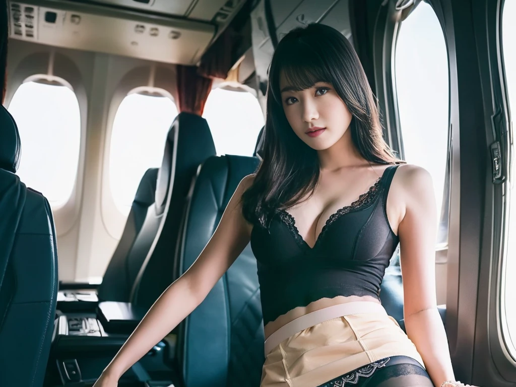 best quality, masterpiece, 8k, ultra high res,micro bra, (((panty shot:1.5))),((pantyhose)),(((Tight mini skirt))),(Cleavage),(photorealistic:1.4), highly detailed, intricate detail, delicate and beautiful, good lighting, professional lighting, sharp focus, detailed shadows, exquisite details and textures, depth of field, unity 8k wallpaper, cinematic composition, cinematic lighting, official art, Cabin Crew, flight attendant, black pantyhose, (aircraft), (Aircraft Corridor),( Aircraft seats) beautiful elegant face, detailed face, detailed eyes, realistic hair, long hair, (1girl),