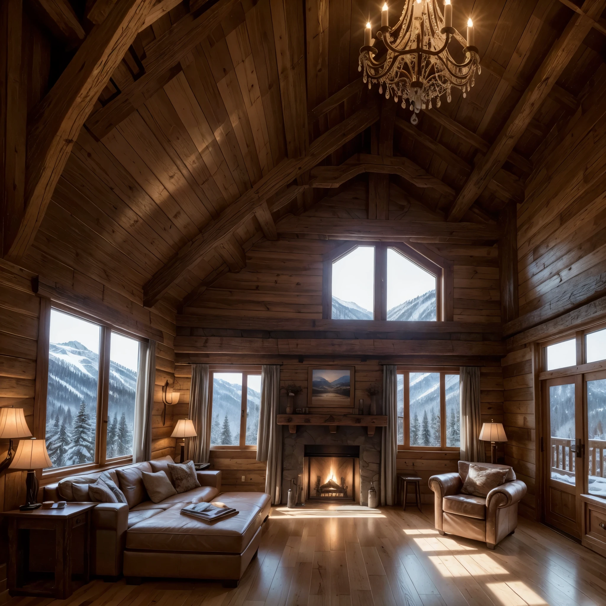 intricate detailed interior of a cozy mountain chalet, rustic wooden walls and beams, cozy fireplace, plush armchairs, large windows overlooking snowy peaks, warm lighting, winter landscape, atmospheric, (best quality,4k,8k,highres,masterpiece:1.2),ultra-detailed,(realistic,photorealistic,photo-realistic:1.37),HDR,studio lighting,extreme detail description,professional,vivid colors