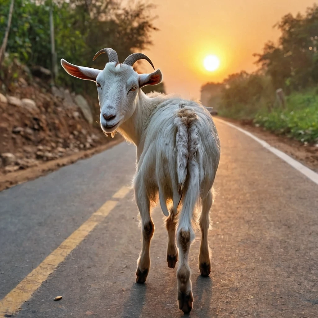 A goat going to sunset on road view from back side