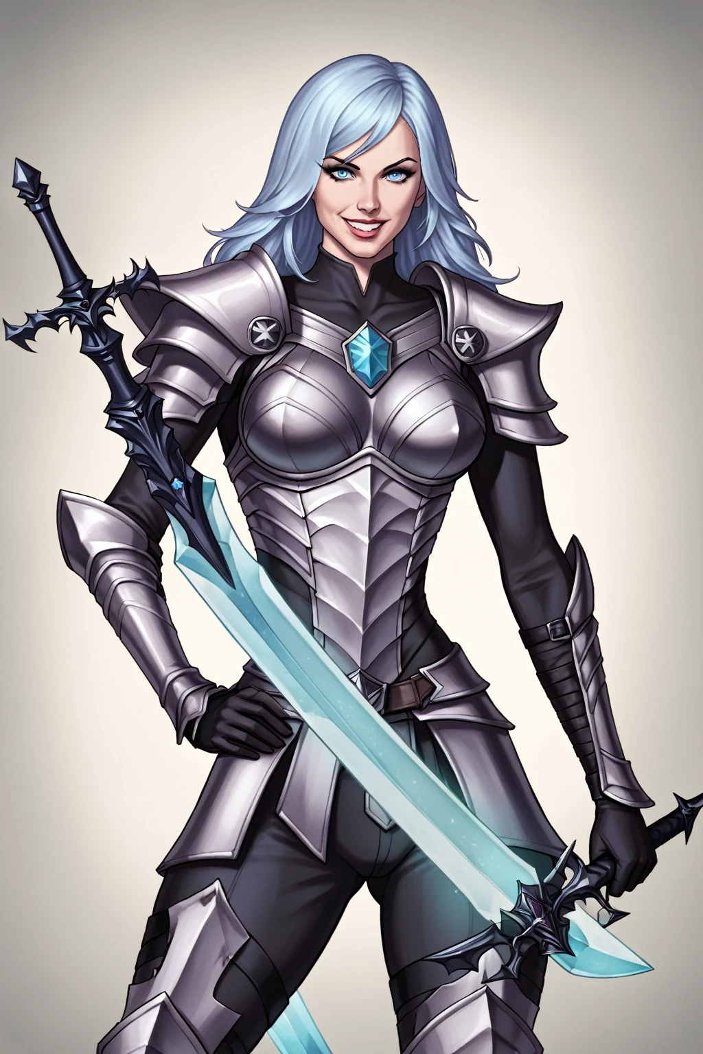 A Crystal warrior girl, light-blue hair, light-blue eyes, Crystal armor, Crystal sword, powerful girl, menacing look, sadistic smile, antagonist, sensual. Masterpiece, UHD, detailed