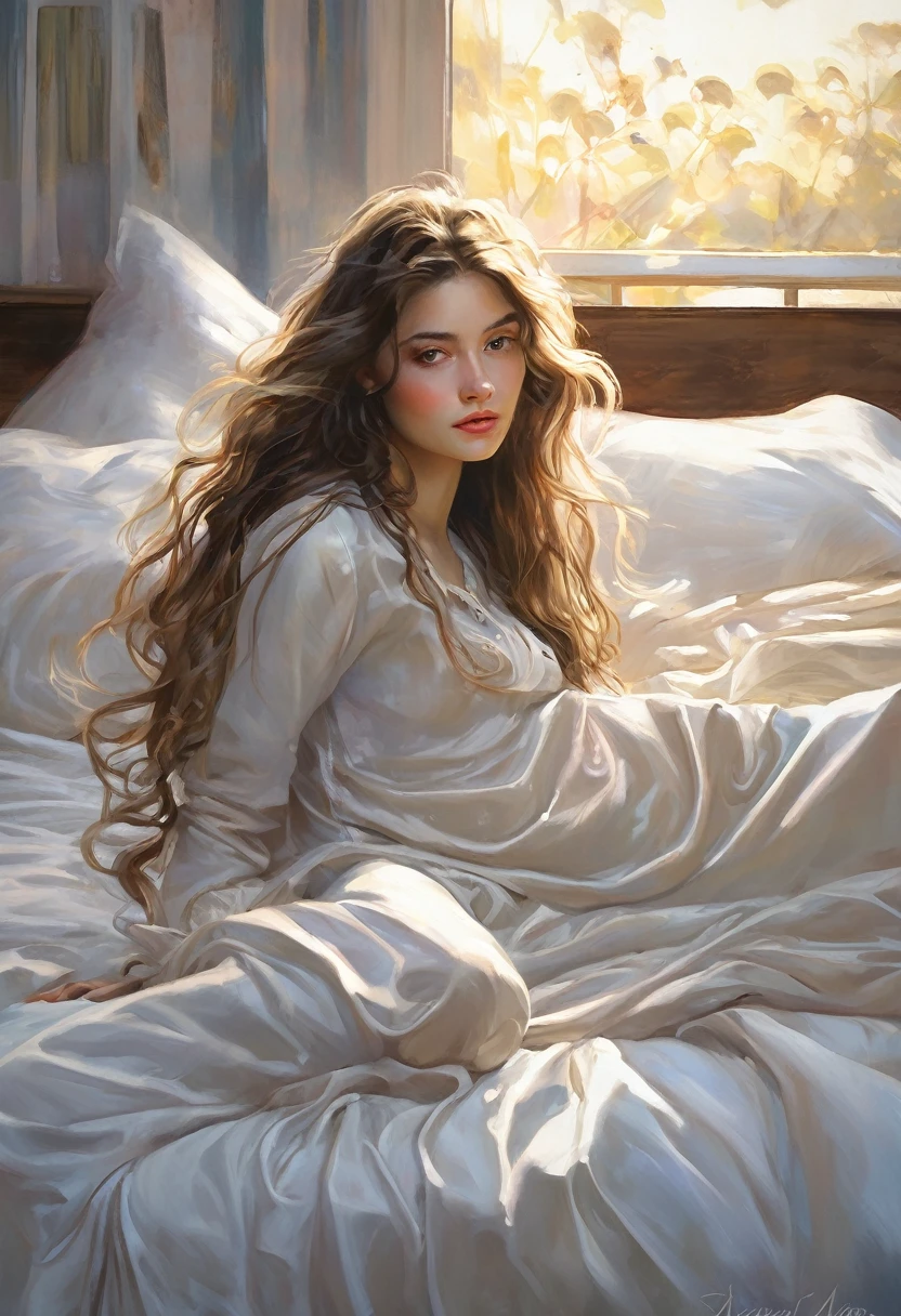 Best Quality, Masterpiece, (realist: 1.2), 1 girl, slender girl, with abundant long and beautiful wavy hair rides on his bed . Light and dim.