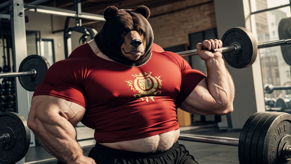 Monstrously massive musclegut anthro furry bear in a red shirt and a red shirt on is holding 1000-pound barbell with one hand, furry art