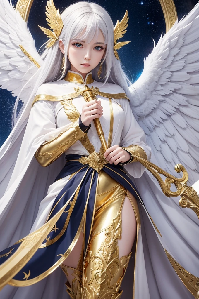 Create a serious-looking archangel with 4 beautiful wings, medium white hair with large highlights, Celestial outfit featuring a sacred shirt and cape with divine gold details, the background is of a golden palace in the sky, uses a large divine scythe with gold details, anime styling
