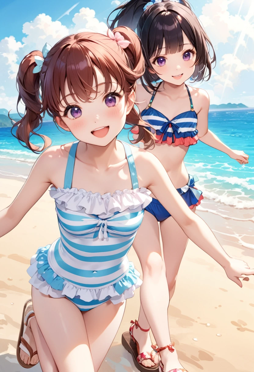 Highest quality、High resolution、Detailed Background、Beautiful face in every detail、Teenage beauty、cuteカラーの髪色、Brown Hair、Black Hair、Bobcut、ponytail、Twin tails、A big smile、Uplifting、
Summer sun、Shining Sea、Walking on the beach、Enjoy splashing around on the shore、Take off your sandals and jump into the sea、Running around holding hands with friends、Smiling and innocent play、Endless blue sky and sea、Everlasting summer memories、
(Innocent girls playing:1.5)、
Vivid color frill bikini、Cute frilled bikini、Striped one-piece swimsuit、Ribbon design tankini、Bikini with flower print、Floral and tropical bikinis、Even though the design is simple, the pattern creates a cute look.、cute