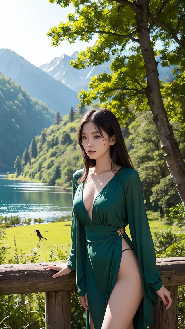 (masterpiece), (realistically), (Best quality), young beautiful girl adventurer,full length, a slim body, Beautiful face, face to screen, minimum clothing, Short dress, fantastic landscape, the forest, fantastic mountains, distant lake,Beautiful setting, Tranquil environment, early morning light, enchanting and otherworldly, lost in a dreamy fairytale landscape, many colors, colorful birds, jaguar next to a girl, in the clearing
