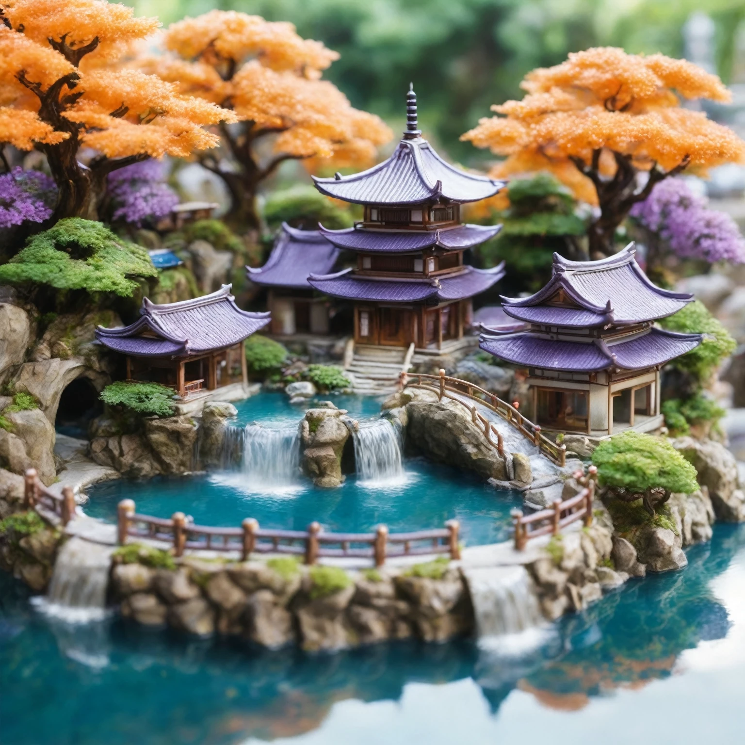 there is a miniature model of a japanese garden with a waterfall, beautiful detailed miniature, asian hyperdetailed, japanese temple, japonisme 3 d 8 k ultra detailed, beautiful detailed scene, zen temple background, japanese village, kyoto inspired, 