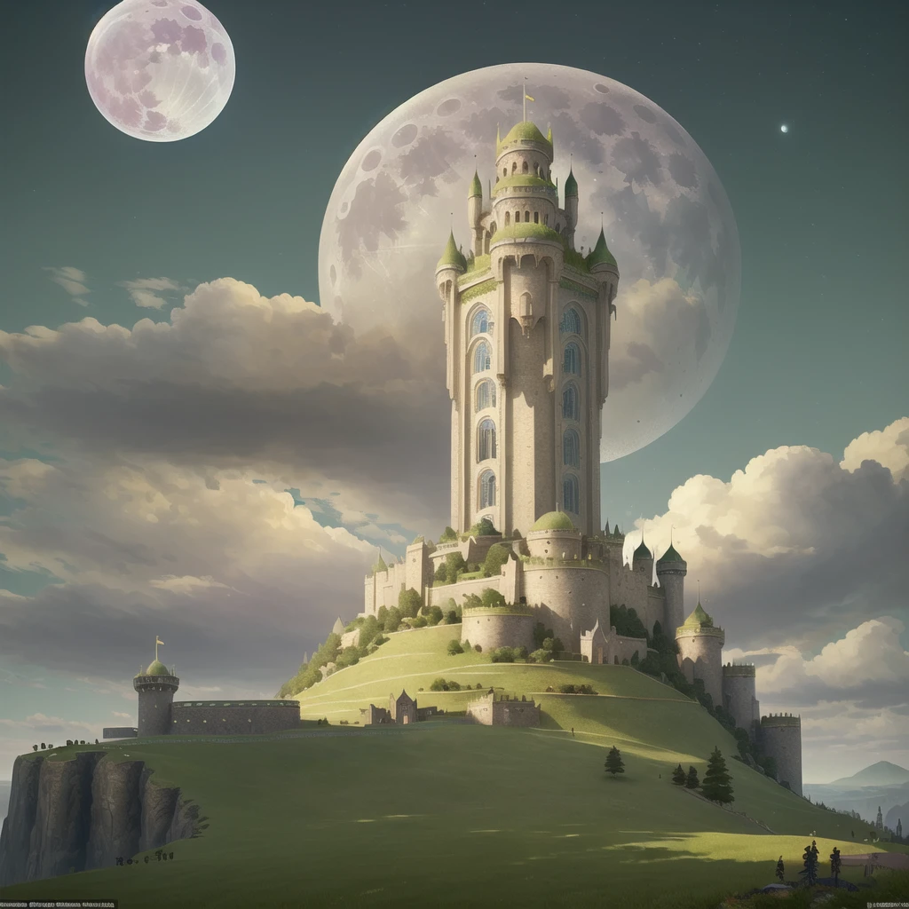 ((best quality)), ((masterpiece)), (detailed), (sprawling fantasy kingdom on grassy, hilly landscape), (massive, dense city), blending modern and fantasy, urban fantasy, 1 large moon in background, in the style of video game concept art, stunning
