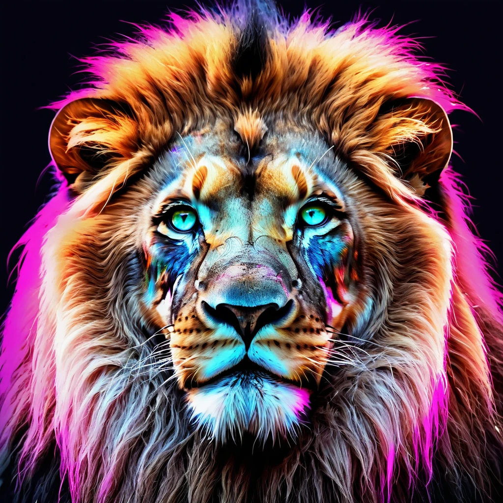 art of a wizard lion with neon colored eyes 