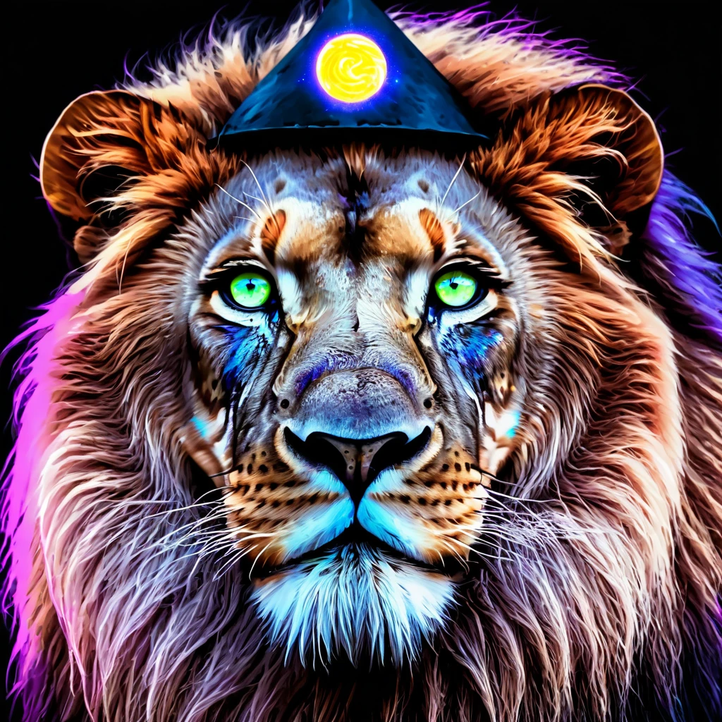 art of a wizard lion with neon colored eyes