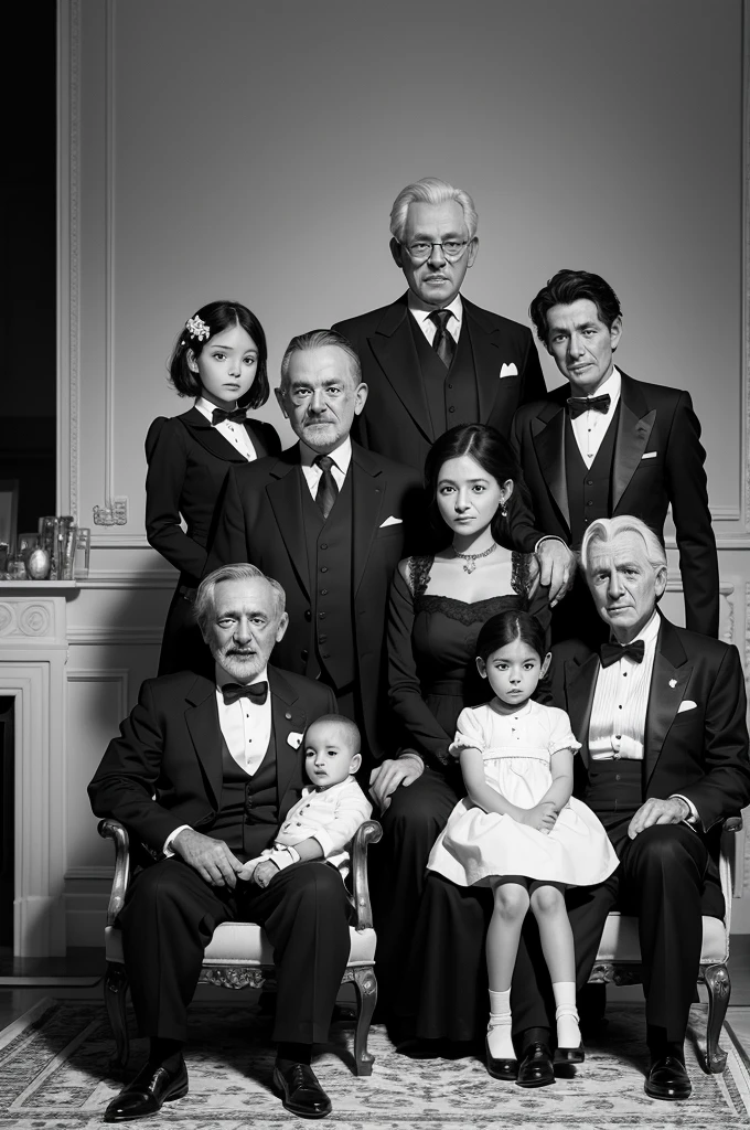 Photo of a family in black and white With 1 father, a mother, a cook, 1 son aged 7, one aged 8, a butler, a doctor and 1 worker, a photo with an old texture in front of a mansion