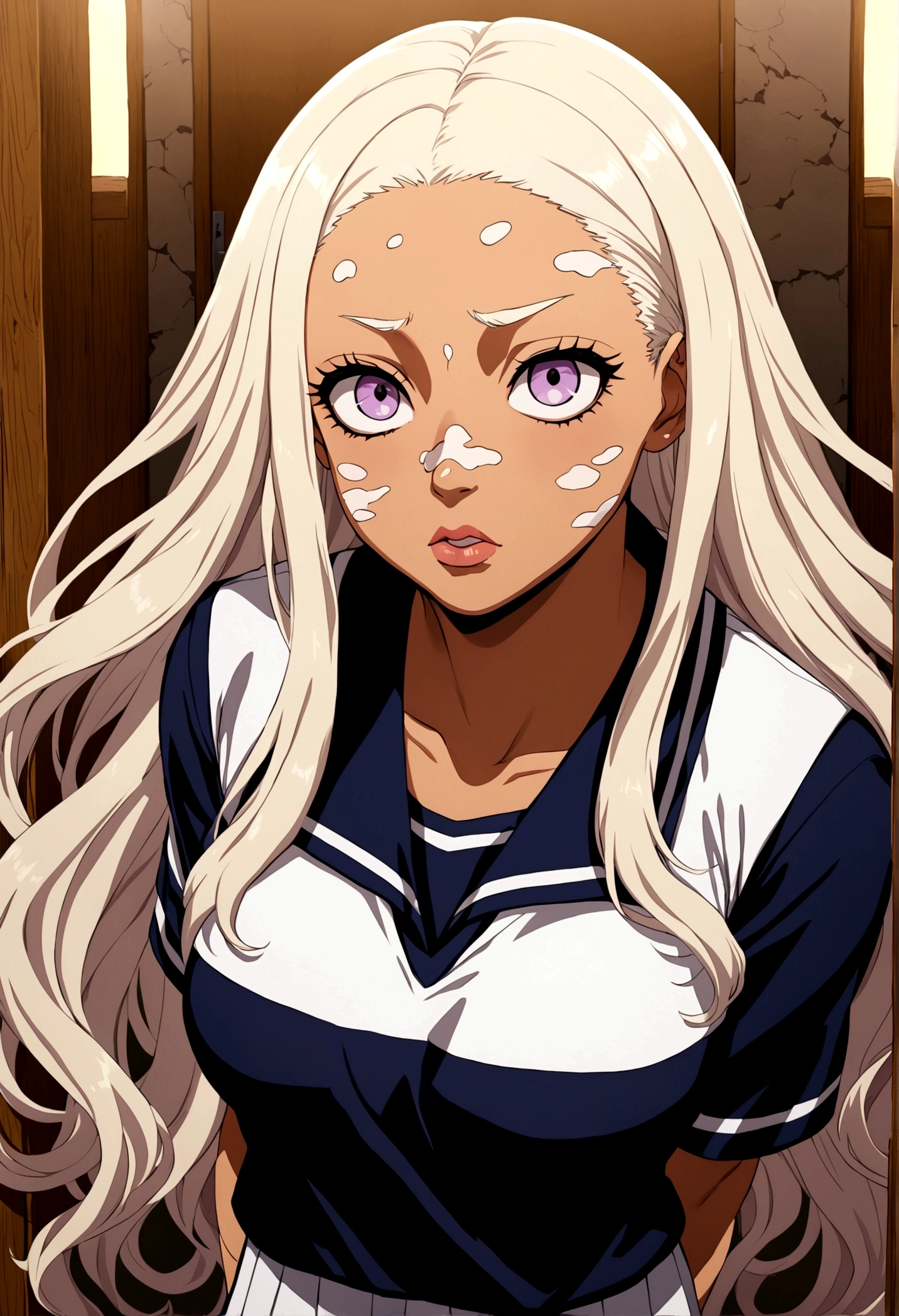 Screenshot of My hero academia girl with long wavy blonde and white hair, tired lilac almost white eyes , with a penetrating gaze , big lips and vitiligo in hair and full body, with a serious but friendly expression and wearing the UA uniform