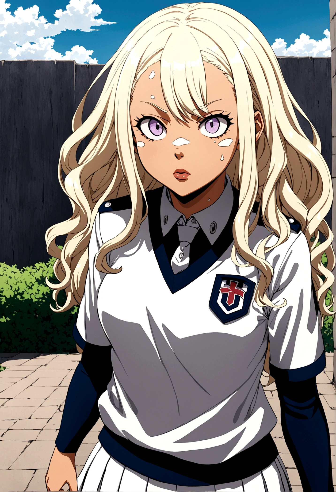 Screenshot of My hero academia girl with long wavy blonde and white hair, tired lilac almost white eyes , with a penetrating gaze , big lips and vitiligo in hair and full body, with a serious but friendly expression and wearing the UA uniform