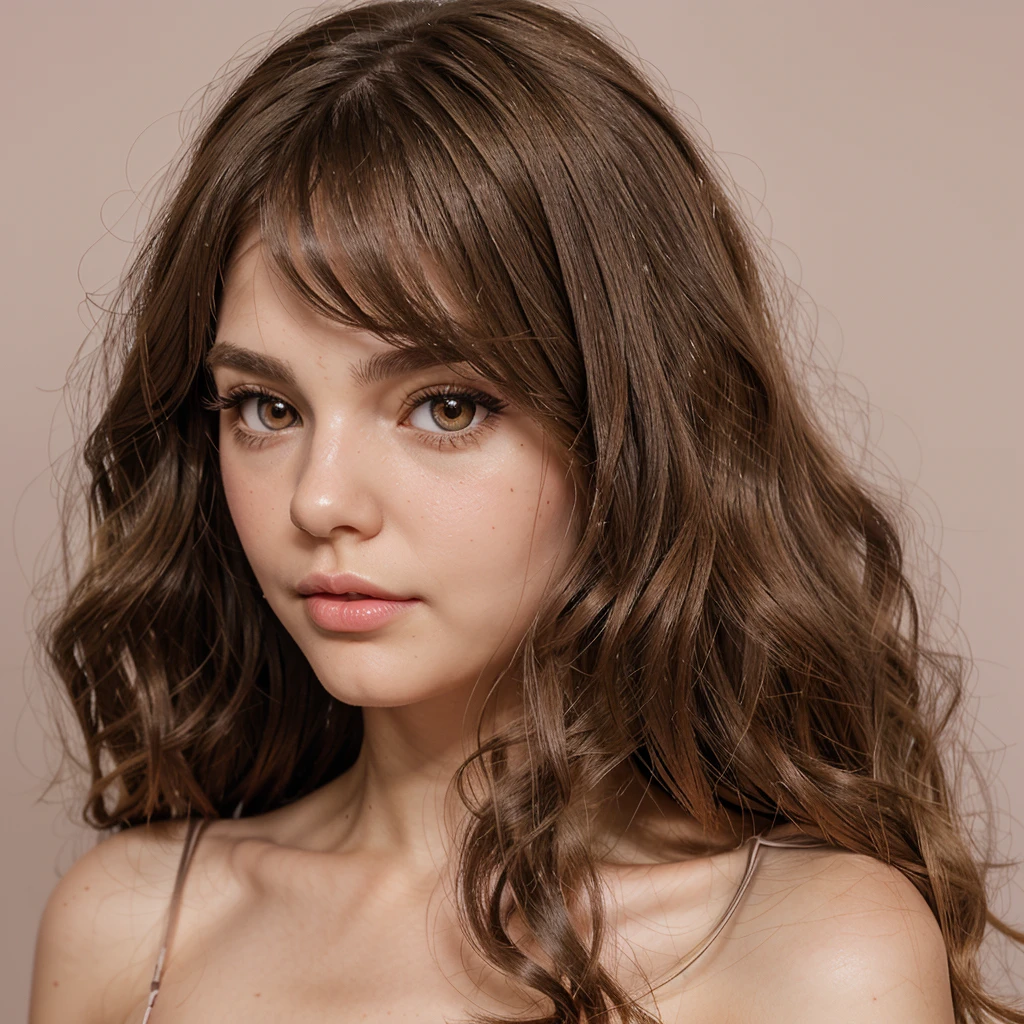 Blythe doll, light brunette, straight and slightly fluffy hair, almost curly wavy ends, a mole on the right side of the nose near the nostrils, not so curled eyelashes, and lips a little pink
