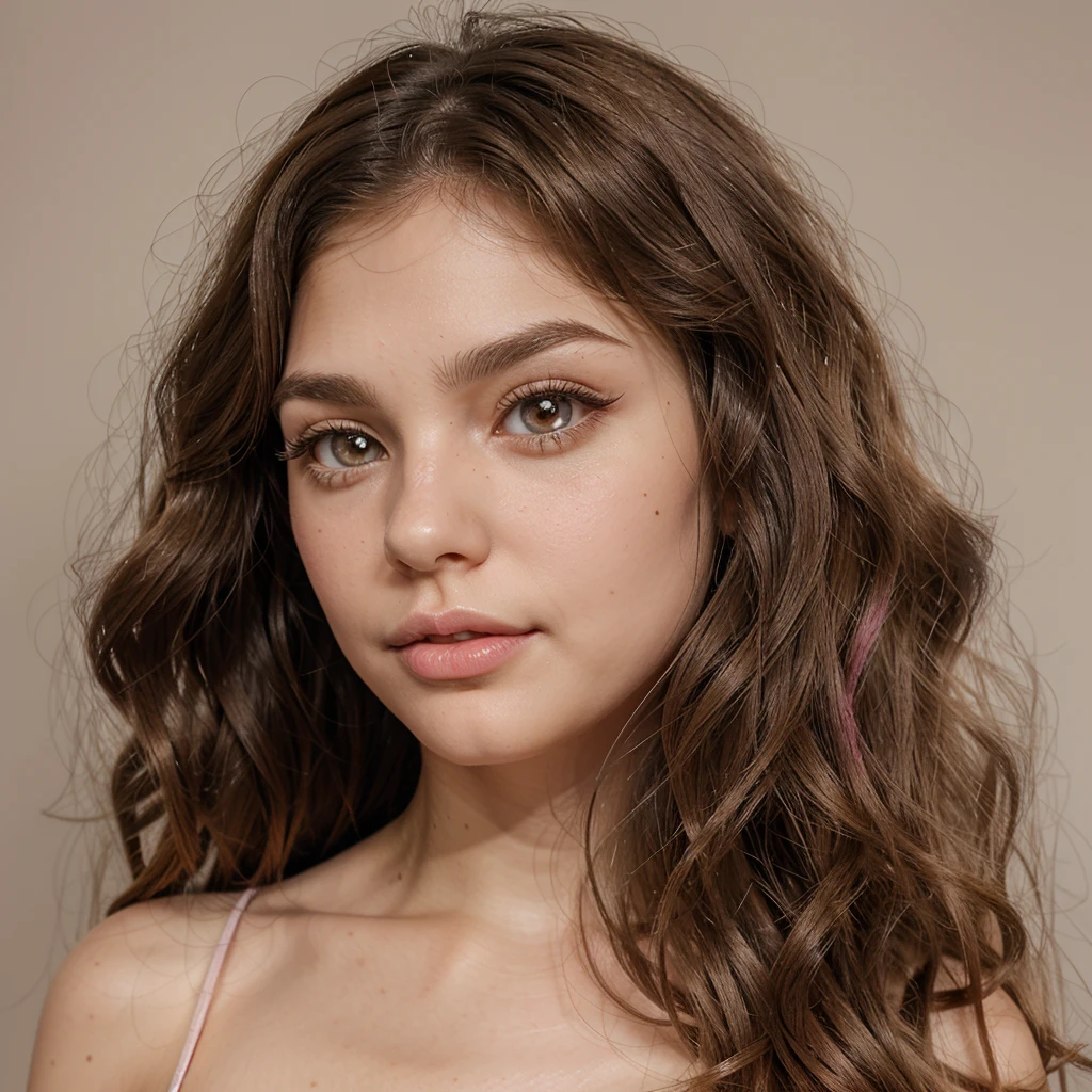 Blythe doll, light brunette, straight and slightly fluffy hair, almost curly wavy ends, a mole on the right side of the nose near the nostrils, not so curled eyelashes, and lips a little pink