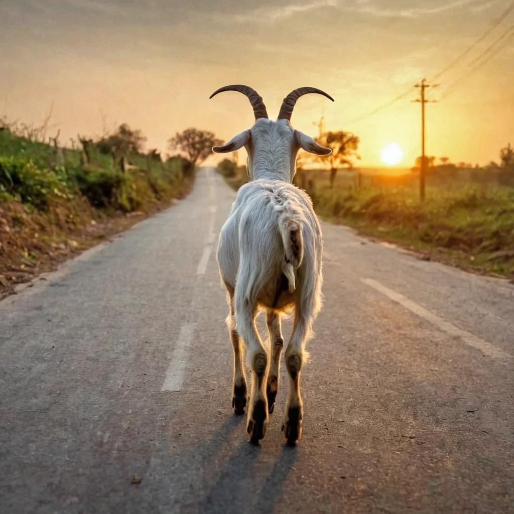 A goat going to sunset on road view from back 