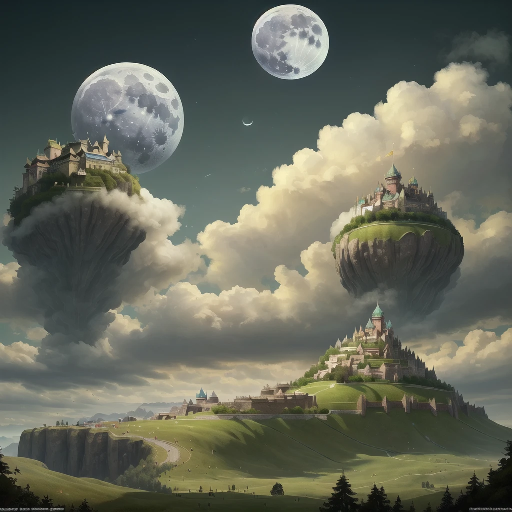 ((best quality)), ((masterpiece)), (detailed), (sprawling fantasy kingdom on grassy, hilly landscape), (massive, dense city), blending modern and fantasy, urban fantasy, one single large moon in background, in the style of video game concept art, stunning