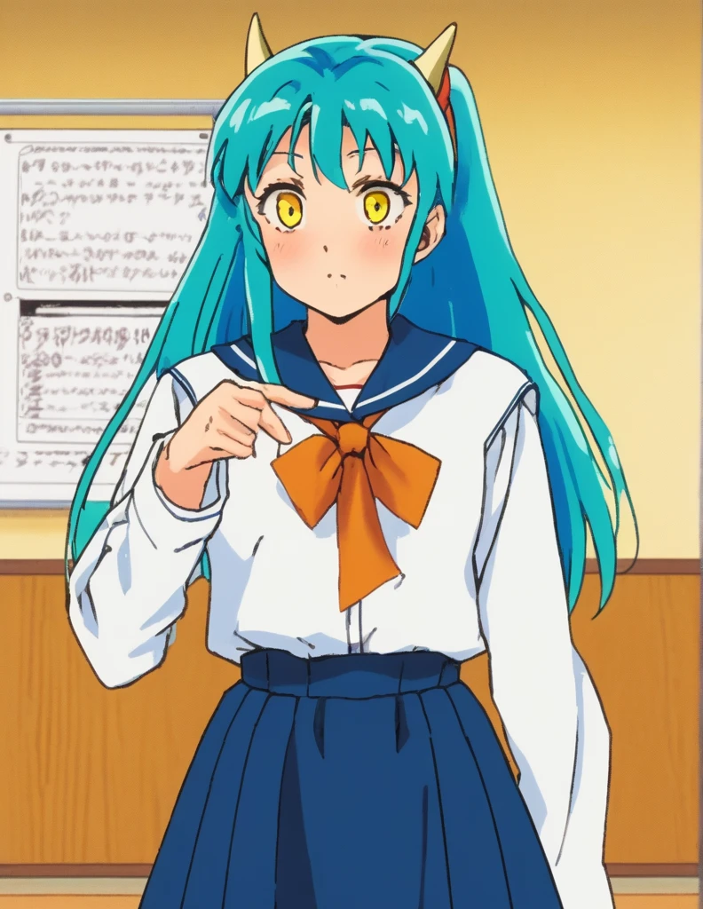score_9, score_8_up, score_7_up, source_anime,
uruseiyatsuralum, lum, long hair, bangs, blue hair, orange eyes, horns, pointy ears, aqua hair, oni horns, eyeshadow,
shirt, long sleeves, , serafuku, sailor collar, neckerchief, yellow neckerchief, shirt, blue shirt, blue sailor collar, blue skirt,
indoors, classroom, flying,
looking at viewer, cowboy shot, dutch angle,