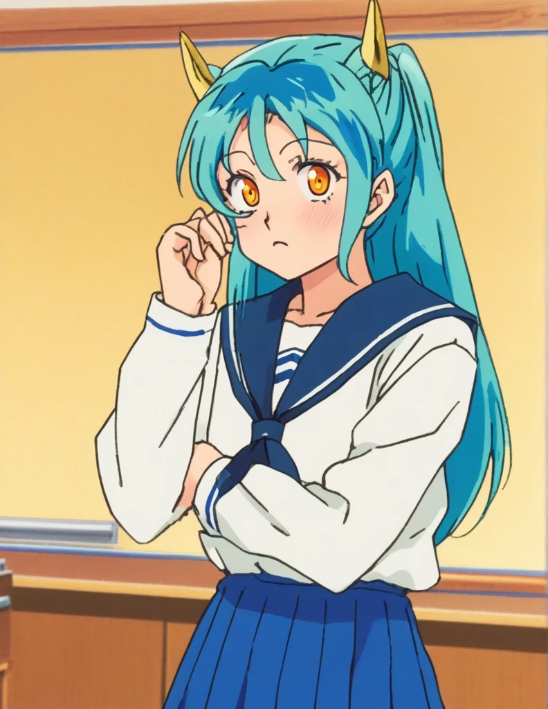 score_9, score_8_up, score_7_up, source_anime,
uruseiyatsuralum, lum, long hair, bangs, blue hair, orange eyes, horns, pointy ears, aqua hair, oni horns, eyeshadow,
shirt, long sleeves, , serafuku, sailor collar, neckerchief, yellow neckerchief, shirt, blue shirt, blue sailor collar, blue skirt,
indoors, classroom, flying,
looking at viewer, cowboy shot, dutch angle,