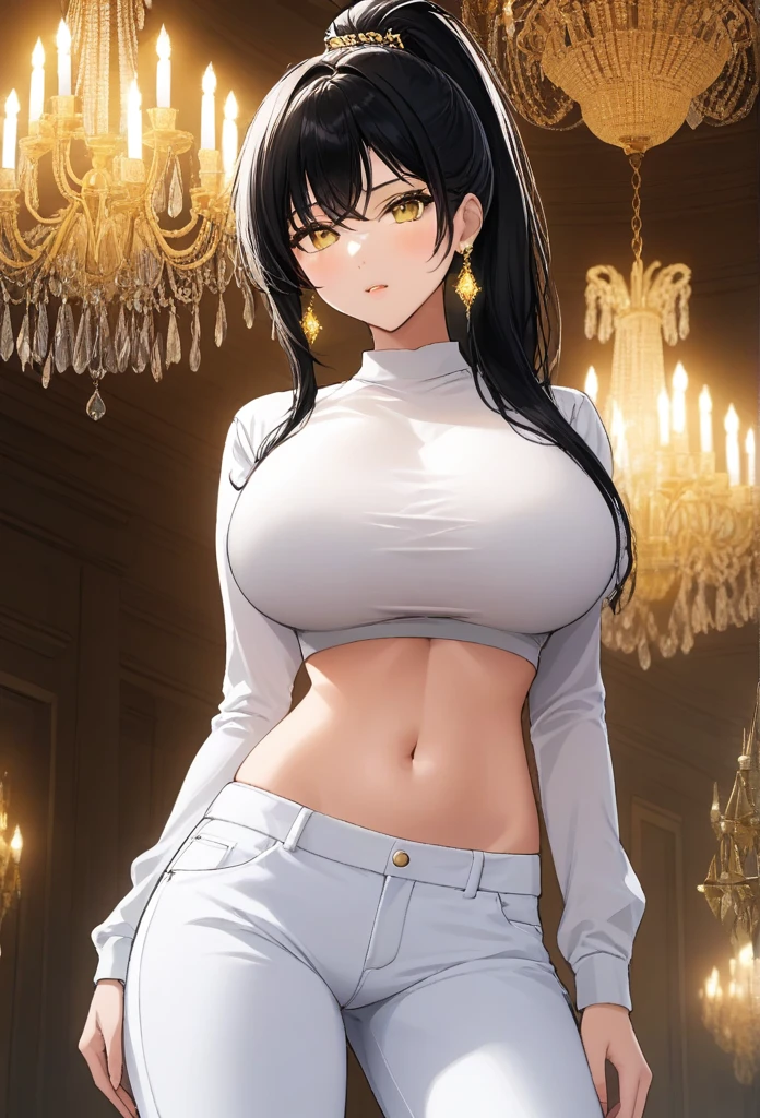 black hair,yellow eyes,(high quality eyes),masterpiece, best quality, high quality, highres, outdoors, looking at viewer, white shirt, crop top, midriff, navel, white pants, Jenny, tall female,big breasts, chandelier earrings,hair ponytail 
