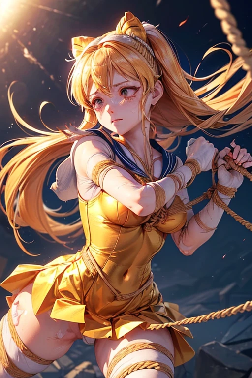 (Very detailed),Mid-chest, Detailed hands, Sailor Venus,I'm injured、(((Crippling)))、(((Her costume is torn and her skin is showing)))、Bleeding、enduring pain、(((Hands tied)))、(((Under heavy enemy attack)))、(((Being tied up with rope)))、(((I've been punched in the stomach)))、(((Color)))、(((I can't put any strength into it)))、The skirt flips up、alone