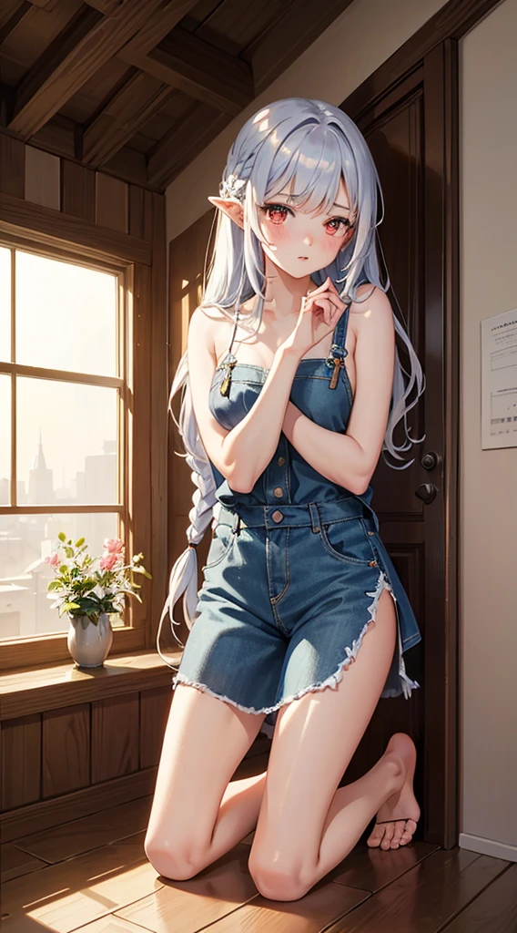 ((​masterpiece:1.2、top-quality)), ((Put your hands to your face)), ((Shy face)), ((Troubled eyebrows)), ((red blush)), 1 Whole body of a girl, elvish, ((silber hair)), Red Eyes, bob cuts, barefoot, Braided hair, denim overall short, camisole, gender change, Kneeling, speculum, inside in room, concept-art, beautiful anime scene, Beautiful anime scenery, top-quality, ​masterpiece