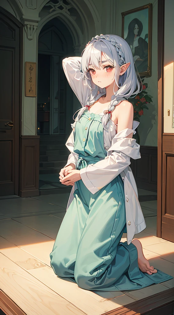 ((masterpiece:1.2、top-quality)), ((Put your hands to your face)), ((Shy face)), ((Troubled eyebrows)), ((red blush)), 1 Whole body of a girl, elvish, ((silber hair)), Red Eyes, bob cuts, barefoot, Braided hair, denim overall short, camisole, gender change, Kneeling, speculum, inside in room, concept-art, beautiful anime scene, Beautiful anime scenery, top-quality, masterpiece