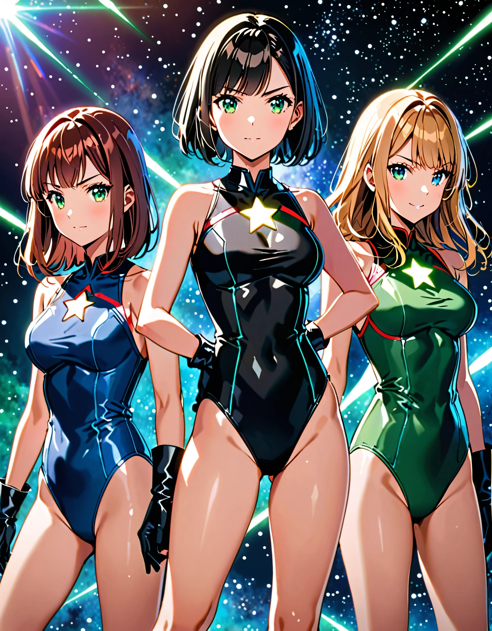 Create an image of ((three girls in sleeveless leotards, bare legs, medium , and matching gloves and boots)). The first girl onft and rear is a (blonde with bangs), and green eyes, wearing a (black leotard) with a (star (symbol) on her chest). The second girl in the middle and front is a redhead with bob hair and blue eyes, wearing a (green leotard) with a (star (symbol) on her chest). The third girl on the ri rear is a (black-haired brunette with bangs), and hazel eyes, wearing a (blue leotard) with a (star (symbol) on her chest). All three girls are standing with legs apart and raised arms, each surrounded by a glowing aura. outer space backdrop, cowboy shot, serious. masterpiece, best quality, hires. diffraction spikes, light particles.