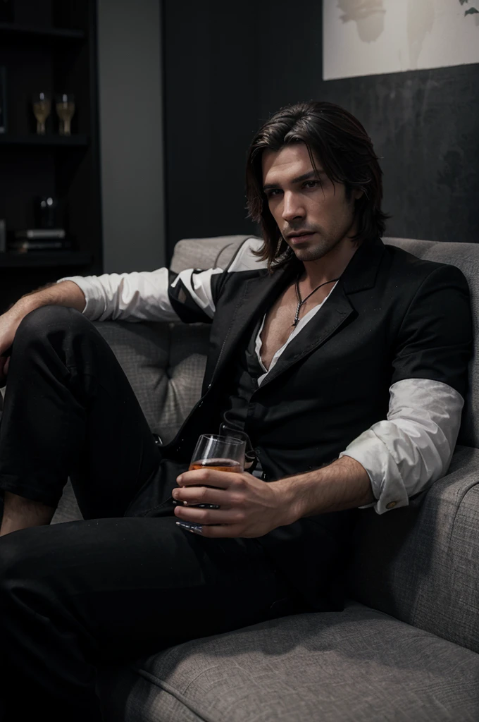 ((photorealistic:1.4))a black and white photo of a man sitting on a couch holding a glass, handsome guy in  art, sylas, handsome male vampire, epic and classy portrait, male vampire, commission for high res, jesse mccree, jacen solo, male art, artstation mans aesthetic, style of charlie bowater, as a character in tekken, neo noir style. ((Best Quality, 8K))