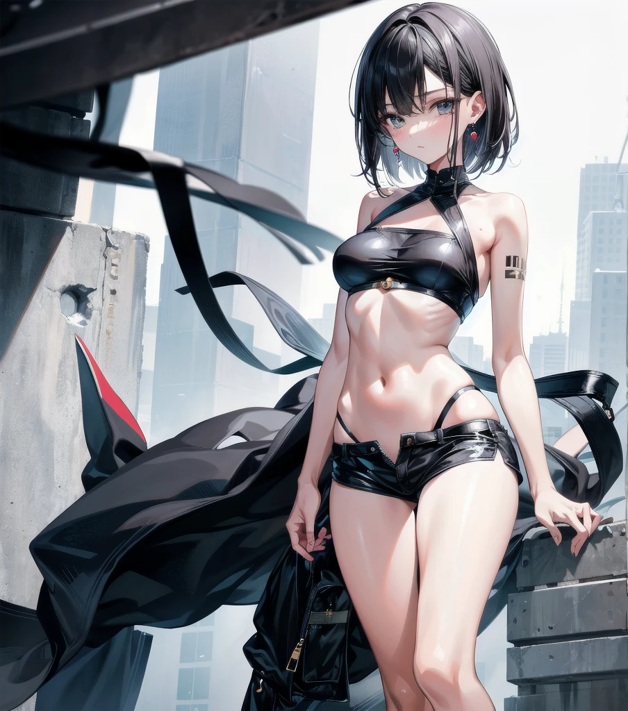 absurdres, RAW photo, extremely delicate and beautiful, masterpiece, Best Quality, ultra high resolution, 32k, hyperrealistic, ultra-detailed, perfect anatomy, super Detailed skin, perfect figure, in her 20s, very Slim body, narrow waist, very small head, very small face, delicate facial features, big round tits, medium hair, black hair, tearful mole, earring, full body shot, bikini, cargo pants,