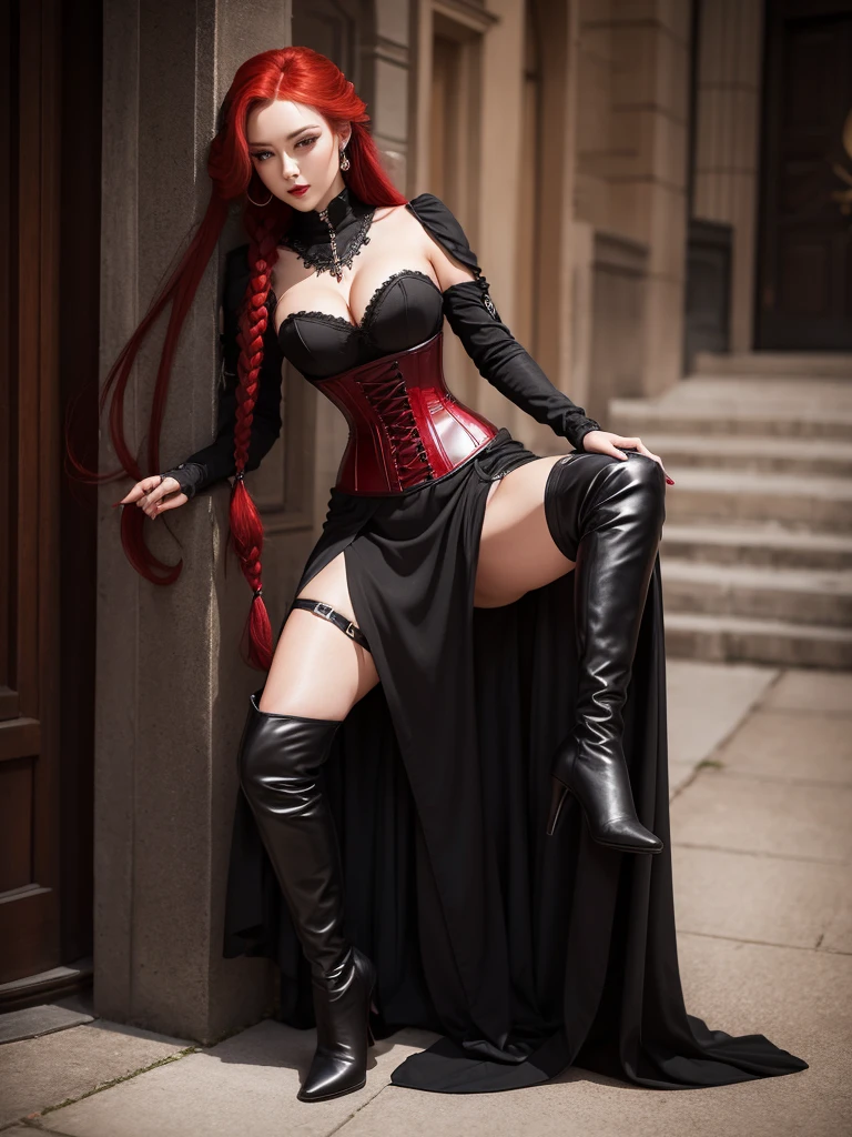 Beautiful woman wearing a steel corset over a black long dress, longeyelashes,long red hair,braids, overknee boots