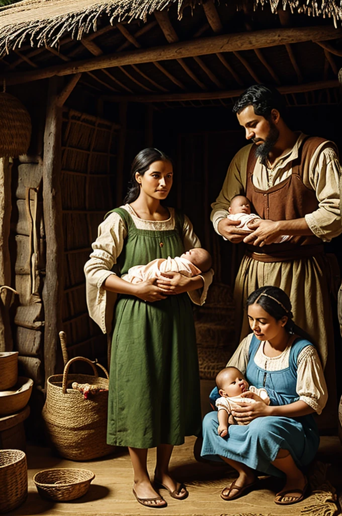 Peasant man and woman with their baby in a hut