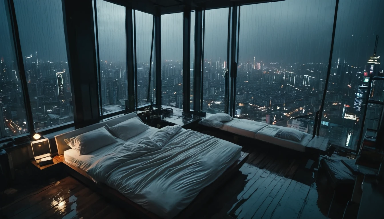 moody aesthetic, beautiful cozy, cramped bedroom with floor to ceiling glass windows overlooking a cyberpunk city at night, view from top of skyscraper, white bedsheets, bookshelves, thunderstorm outside with torrential rain, detailed, high resolution, photorrealistic, dark, gloomy,