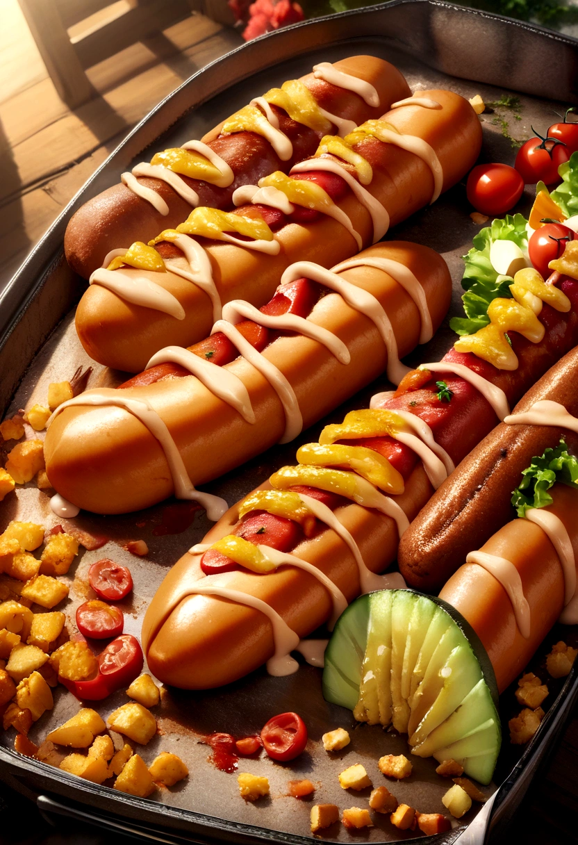A HOTDOG falling into juicy pieces., tasty, hot, promotional photo, intricate details, HDR, cinematographic, Adobe Lightroom, Very detailed