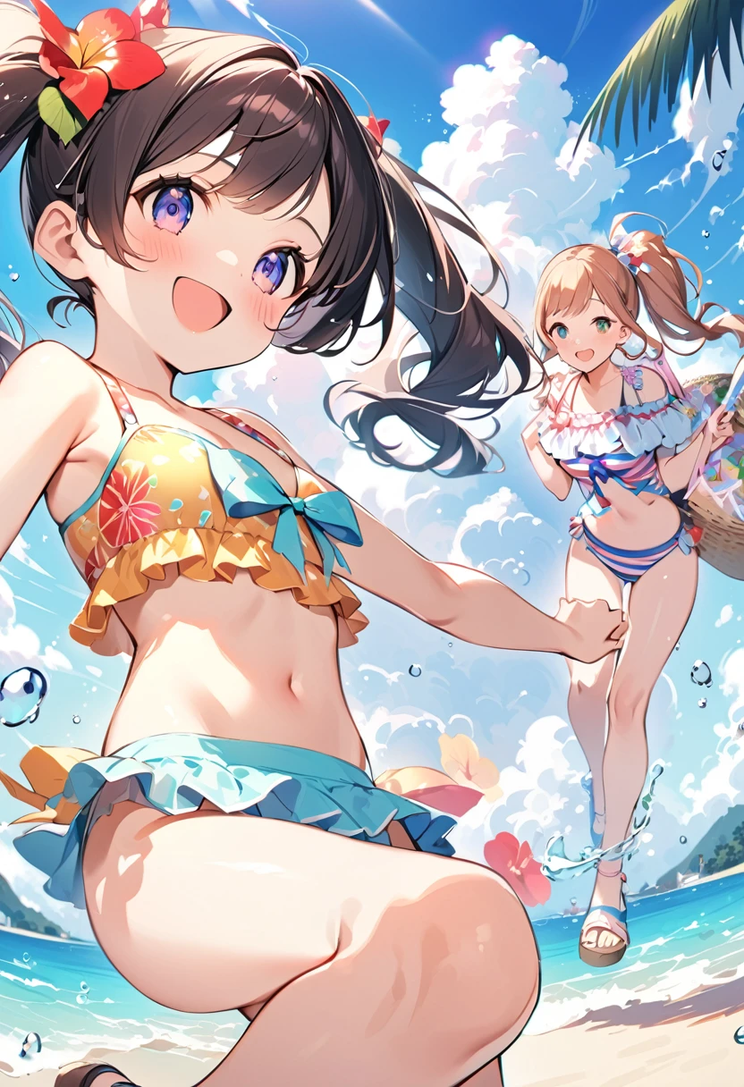 Highest quality、High resolution、Detailed Background、Beautiful face in every detail、Teenage beauty、cuteカラーの髪色、Brown Hair、Black Hair、Bobcut、ponytail、Twin tails、A big smile、Uplifting、
Summer sun、Shining Sea、Walking on the beach、Enjoy splashing around on the shore、Take off your sandals and jump into the sea、Running around holding hands with friends、Smiling and innocent play、Endless blue sky and sea、Everlasting summer memories、
(Innocent girls playing:1.5)、
Vivid color frill bikini、Cute frilled bikini、Striped one-piece swimsuit、Ribbon design tankini、Bikini with flower print、Floral and tropical bikinis、Even though the design is simple, the pattern creates a cute look.、cute