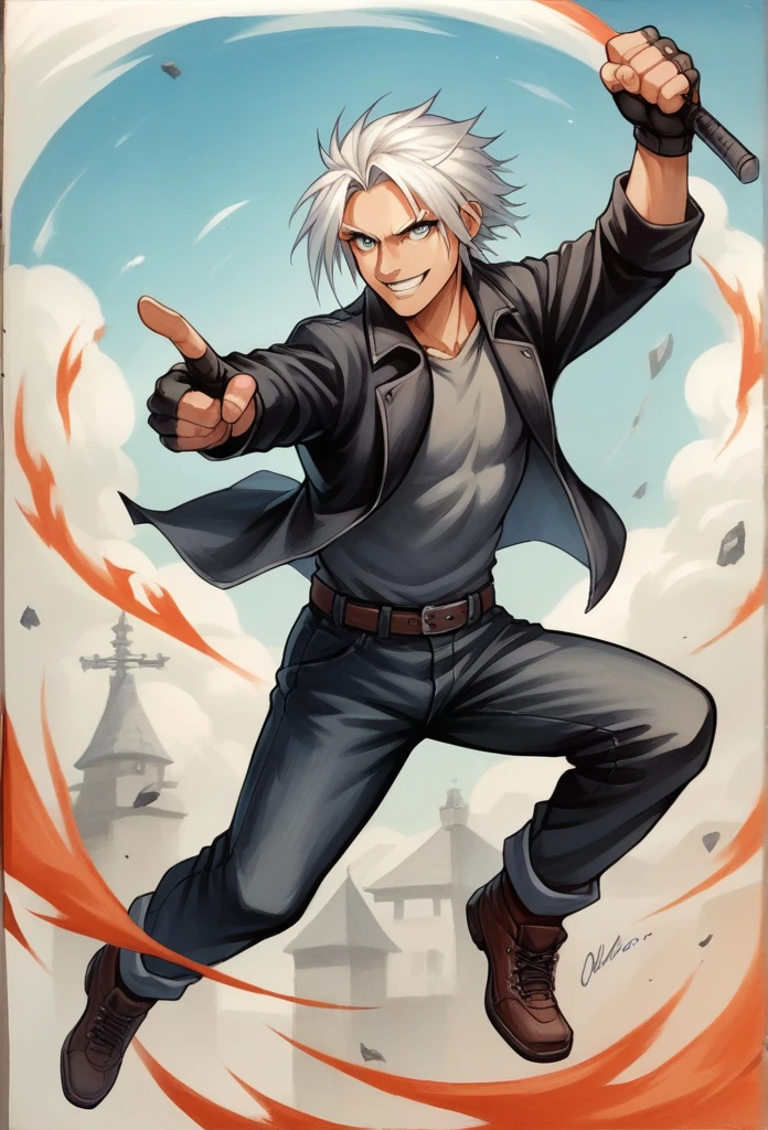 score_9, score_8_up,score_7_up, source_ anime, traditional art, dmc5vergil, black coat, fingerless gloves, pants, smile, tackle, jumping