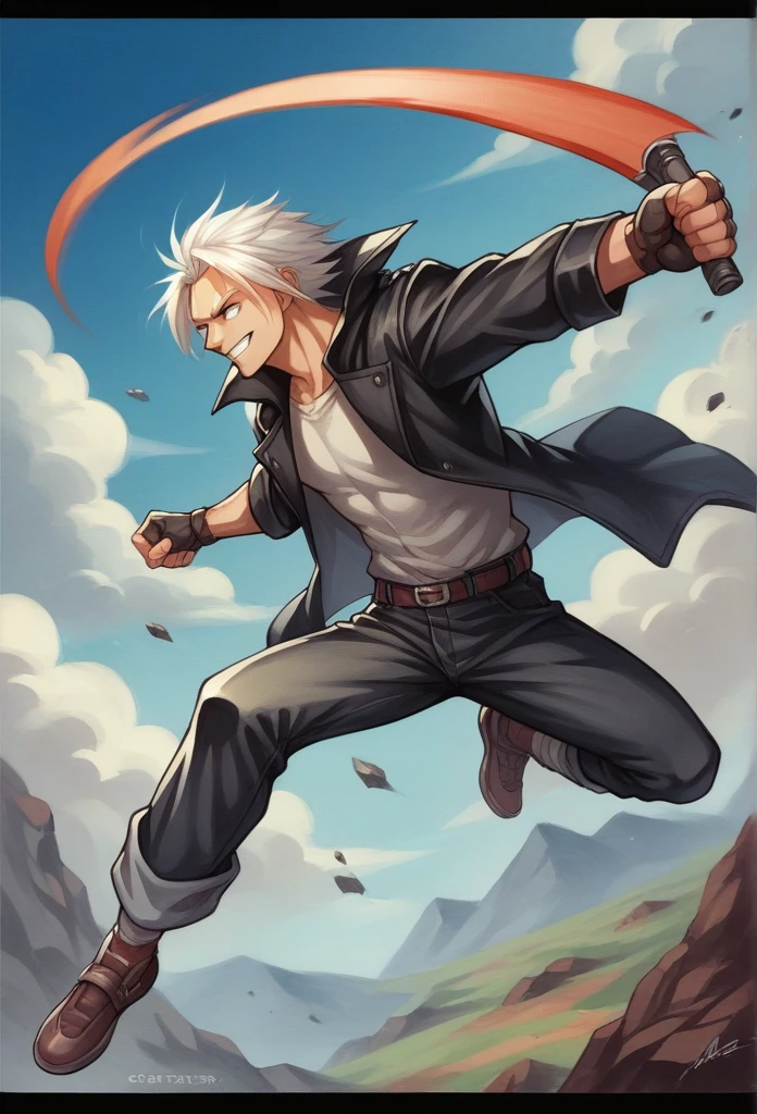 score_9, score_8_up,score_7_up, source_ anime, traditional art, dmc5vergil, black coat, fingerless gloves, pants, smile, tackle, jumping