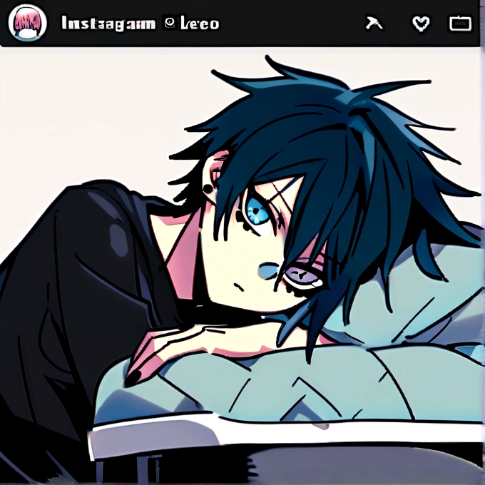 Polish emo boy 27 years old , gray blue eyes, very handsome , lying on his bed with his Mexican emo girlfriend looking at his Instagram followers
