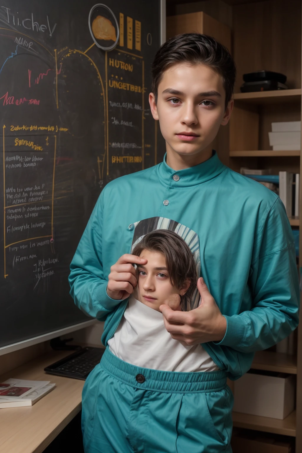 A beautiful young male twink, cute, with black hair and a face with reddish makeup, wearing a bright white long-sleeved shirt and aqua blue pants. He is in his office, and behind him is a blackboard on which is written the shape of the brain and its anatomy, and nuclear energy comes out of it, and he has a face with makeup and His cheeks are shiny.