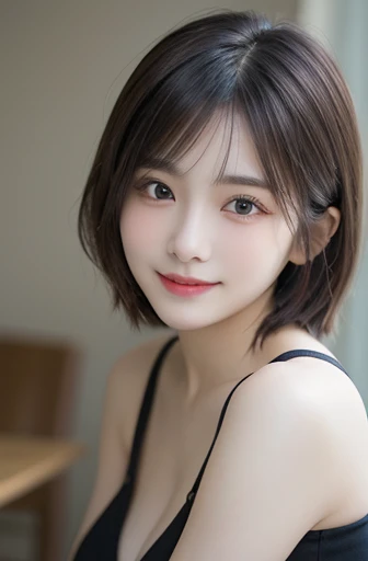 Tabletop, Highest quality, figure, Super detailed, In detail, High resolution, 8k wallpaper, Perfect dynamic composition, Beautiful attention to detail, Women's fashion,Very short hair,Small breasts Natural color Lips, Bold sexy pose,smile,Harajuku、20-year-old girl、cute、sexy shot looking at camera