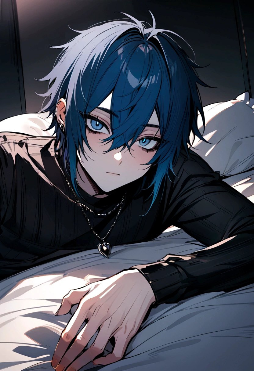 Polish emo boy 27 years old , gray blue eyes, very handsome , lying on his bed looking at his Instagram followers
