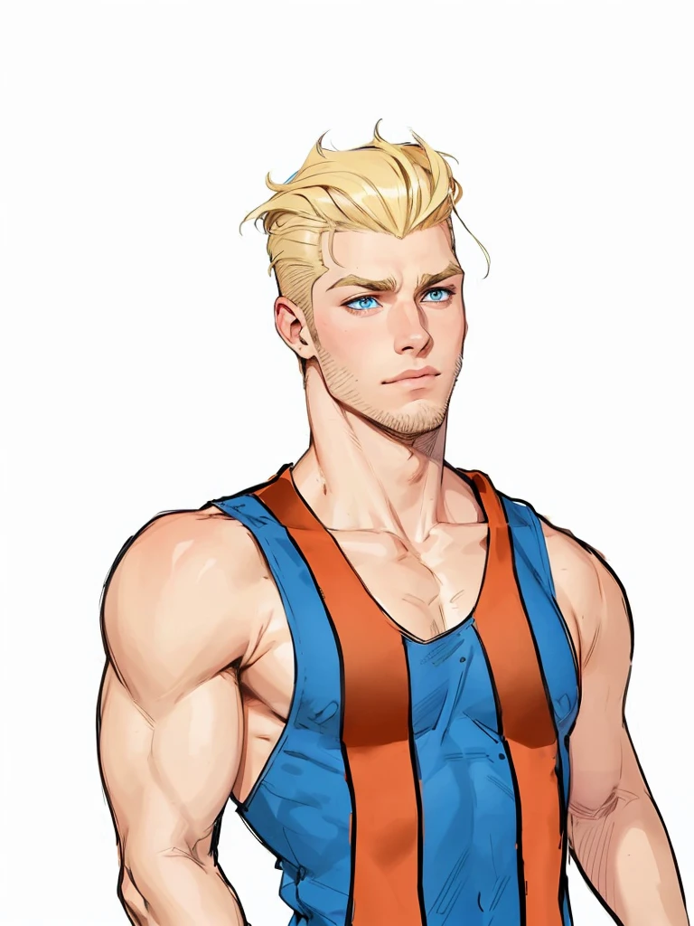boy, 19 years old, very handsome, beautiful face, blue eyes, ruffled blonde hair, shaved on the sides, visible muscles, thin beard and sparse sideburns, suspicious